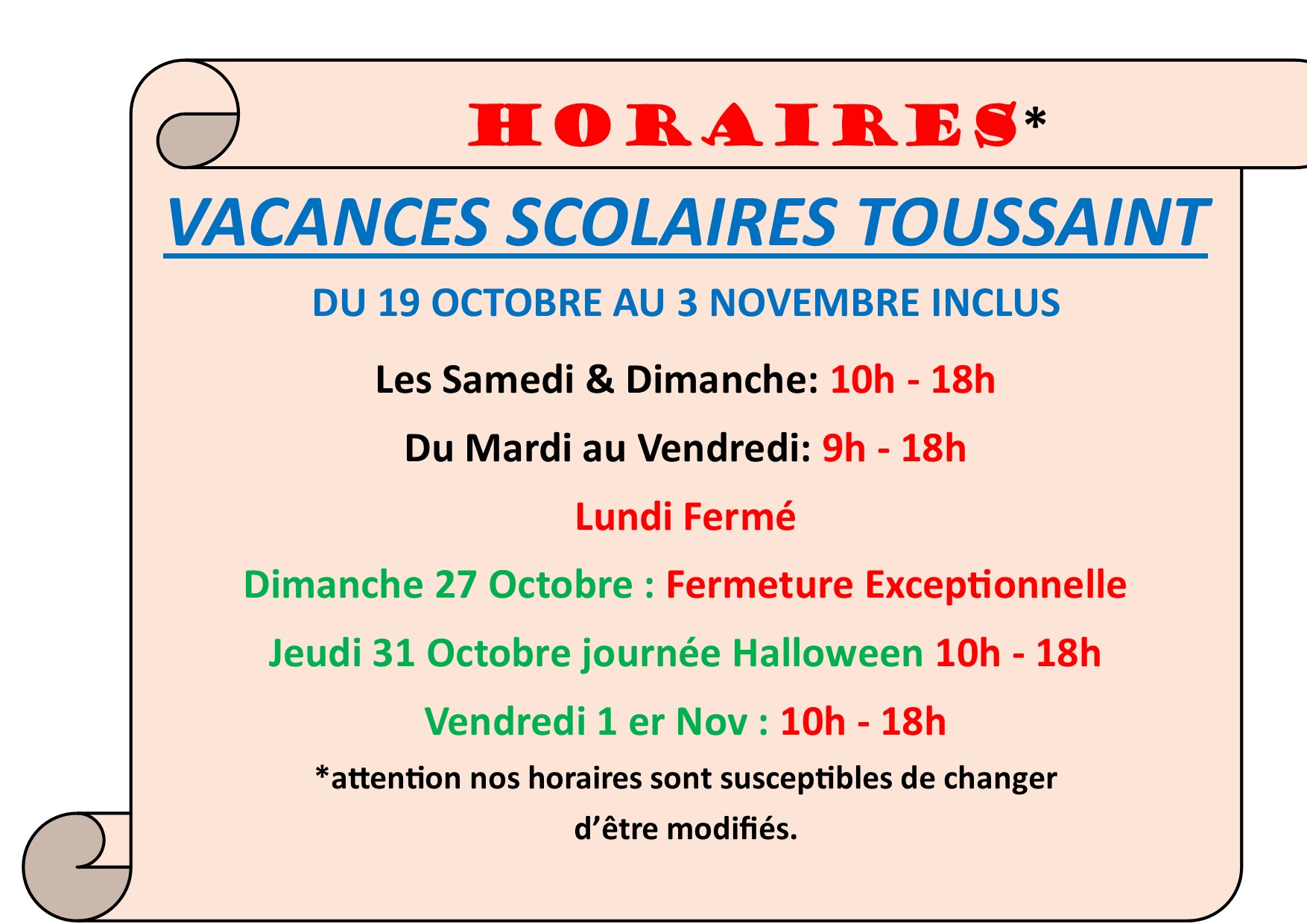 HORAIRE vacances scolaire Toussaint 24